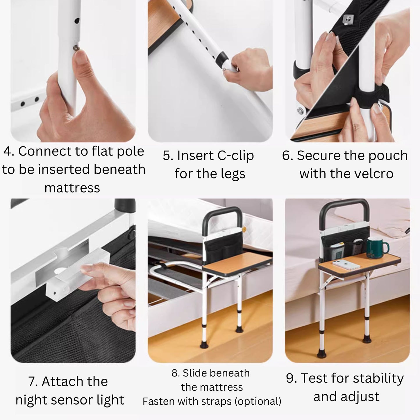 SilverGrip™ Bedside Support with Foldable SideTable, Sensor Light and Ground Support