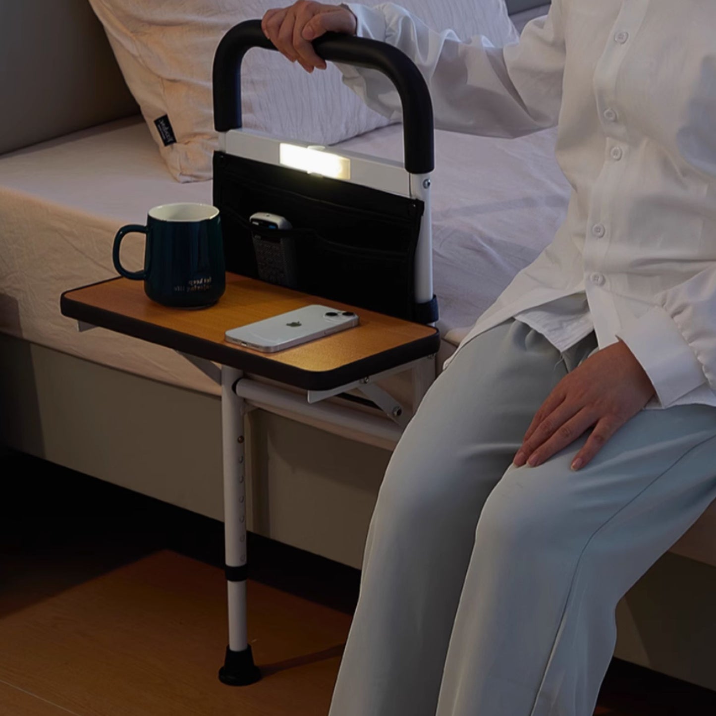 SilverGrip™ Bedside Support with Foldable SideTable, Sensor Light and Ground Support